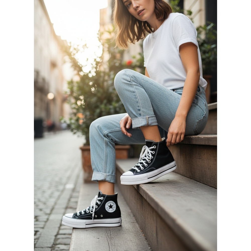 Converse Chuck Taylor Womens 7 All Star Platform High Top Black White Sanitized
